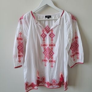 Tolani White Peasant Blouse Tunic with Pink Embroidery Size Small